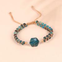 Bracelets de pierres précieuses, Shoushan Stone, avec Cordon de noeud & laiton, hexagone, Placage de couleur d'or, Réglable & bijoux de mode & unisexe, bleu, Longueur Environ 17 cm, Vendu par PC