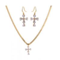 Gioielli Brass Set, pendente orecchino di goccia & Collana, ottone, with 6cm extender chain, Croce, placcato, gioielli di moda & stili diversi per la scelta & Micro spianare cubic zirconia, dorato, assenza di nichel,piombo&cadmio, 36x15mm, Lunghezza 41 cm, Venduto da PC