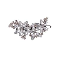 Barrette, alliage de zinc, fleur, pour femme & avec strass, argent, protéger l'environnement, sans nickel, plomb et cadmium, 26x54mm, Vendu par PC