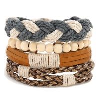 PU Armband-Set, met Hennep & Koeienhuid & Wax & Hout, 4 stuks & voor de mens, Binnendiameter:Ca 60mm, Lengte Ca 6.7-7 inch, Verkocht door Stel