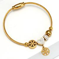 Partículas de aço pulseira comum, Floco de neve, banhado a ouro genuino, para mulher & com strass & vazio, Diametro interno:Aprox 60mm, vendido por PC