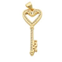 Messing hanger met micro-paved kubieke zirconia's, Sleutel, gold plated, mode sieraden & DIY & micro pave zirconia & voor vrouw, gouden, 36x12x2mm, Gat:Ca 3mm, Verkocht door PC