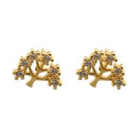 Boucles d'oreilles en laiton zircon cubique pavent, arbre, Placage de couleur d'or, bijoux de mode & pavé de micro zircon & pour femme, doré, 8x10x14mm, Vendu par paire