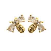 Boucles d'oreilles en laiton zircon cubique pavent, abeille, Placage de couleur d'or, bijoux de mode & pavé de micro zircon & pour femme, doré, 12x14x3mm, Vendu par paire