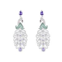 Boucles d'oreilles en laiton zircon cubique pavent, paon, Plaqué d'or, bijoux de mode & pavé de micro zircon & pour femme, couleurs mélangées, protéger l'environnement, sans nickel, plomb et cadmium, 60x19mm, Vendu par paire