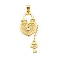 Cubique Pendentif en laiton zircon pavent, coeur, Placage de couleur d'or, bijoux de mode & DIY & pavé de micro zircon & pour femme, doré, 42x14x2mm, Trou:Environ 3.5mm, Vendu par PC