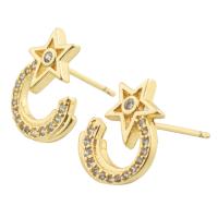 Boucles d'oreilles en laiton zircon cubique pavent, Lune et Etoile, Placage de couleur d'or, bijoux de mode & pavé de micro zircon & pour femme, doré, 14x11x12mm, Vendu par paire