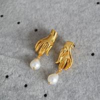 Pendientes de Gota en Latón, metal, con Perlas cultivadas de agua dulce, Mano, chapado en color dorado, Joyería & para mujer, más colores para la opción, libre de níquel, plomo & cadmio, 35mm, Vendido por Par