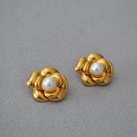 Pendientes de Perno en Latón, metal, con Perlas plásticas, Flor, Joyería & para mujer, color mixto, libre de níquel, plomo & cadmio, 20mm, Vendido por Par