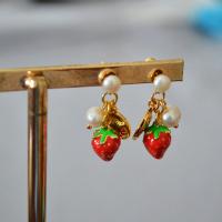 Brass Drop Earring with Freshwater Pearl Strawberry gold color plated fashion jewelry & for woman mixed colors nickel lead & cadmium free 25mm Sold By Pair