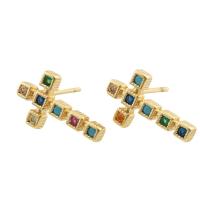 Boucles d'oreilles en laiton zircon cubique pavent, croix, Placage de couleur d'or, bijoux de mode & pavé de micro zircon & pour femme, plus de couleurs à choisir, 14x8x15mm, Vendu par paire