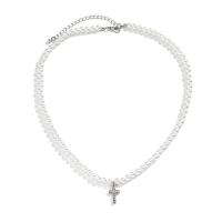 Plast Pearl Halsband, med Zink Alloy, med 2.7inch extender kedja, Cross, platina pläterad, för människan & med strass, Längd Ca 17.7 inch, Säljs av PC