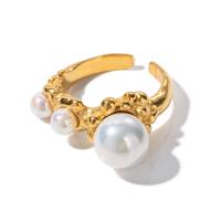 Stainless Steel Finger Ring 304 Stainless Steel with Plastic Pearl 18K gold plated fashion jewelry & for woman golden Sold By PC