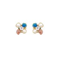 Pendientes de Perno de Aleación de Zinc, con Perlas plásticas, Flor, chapado en color dorado, Joyería & para mujer, color mixto, 27x25mm, Vendido por Par