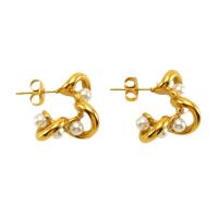 Roestvrij staal Stud Earrings, 304 roestvrij staal, met Plastic Pearl, 18K verguld, mode sieraden & voor vrouw, gouden, 17mm, Verkocht door pair