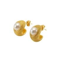 Roestvrij staal Stud Earrings, 304 roestvrij staal, met Plastic Pearl, 18K verguld, mode sieraden & voor vrouw, gouden, 19x14mm, Verkocht door pair