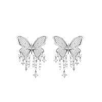 Boucles d'oreilles en laiton zircon cubique pavent, Alliage de cuivre, papillon, Plaqué de platine, bijoux de mode & pavé de micro zircon & pour femme, 26x20mm, Vendu par paire