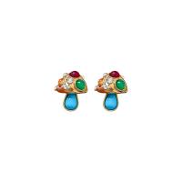 Pendientes de Perno de Aleación de Zinc, con resina, champiñon, chapado en oro real, Joyería & para mujer & con diamantes de imitación, multicolor, libre de níquel, plomo & cadmio, 25x19mm, Vendido por Par