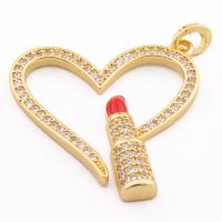 Messing hanger met micro-paved kubieke zirconia's, Hart, hoge kwaliteit gold plated, DIY & micro pave zirconia, nikkel, lood en cadmium vrij, 35x33x4mm, Gat:Ca 3mm, Ca 30pC's/Lot, Verkocht door Lot