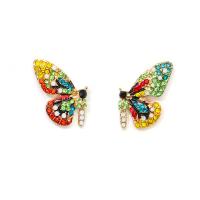 Pendientes de Perno de Aleación de Zinc, Mariposa, chapado, Joyería & para mujer & con diamantes de imitación, multicolor, libre de níquel, plomo & cadmio, 25x20mm, Vendido por Par