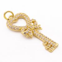 Messing hanger met micro-paved kubieke zirconia's, Sleutel, hoge kwaliteit gold plated, DIY & micro pave zirconia, nikkel, lood en cadmium vrij, 39x15x4mm, Gat:Ca 4mm, Ca 30pC's/Lot, Verkocht door Lot