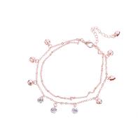 Bracelet de cheville en alliage de zinc, avec 2.36inch chaînes de rallonge, Plaqué de couleur d'or rose, Double couche & pavé de micro zircon & pour femme, couleur or rose, protéger l'environnement, sans nickel, plomb et cadmium, Longueur Environ 8.66 pouce, Vendu par PC