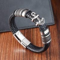 PU cavo bracciali, with 304 acciaio inox, Ancora, lucido, Vintage & per l'uomo, nero, Lunghezza 21 cm, Venduto da PC