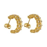 Roestvrij staal Stud Earrings, 304 roestvrij staal, 18K verguld, mode sieraden & voor vrouw & met strass, gouden, 18x7mm, Verkocht door pair