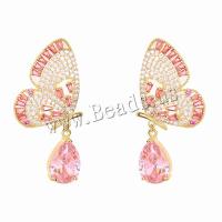 Befestiger Zirkonia Messing Ohrring, Schmetterling, vergoldet, Modeschmuck & Micro pave Zirkonia & für Frau, Rosa, frei von Nickel, Blei & Kadmium, 43x20mm, verkauft von Paar