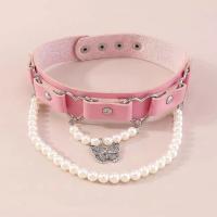 Mode Collier Choker, cuir PU, avec perle de plastique & fer, avec 4.5cm chaînes de rallonge, papillon, Placage de couleur argentée, Double couche & bijoux de mode & pour femme, rose, 23mm, Longueur Environ 35 cm, Vendu par PC