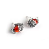 925 Sterling Silver Stud Earrings with Red Turquoise Fish Antique finish for woman silver color Sold By Pair