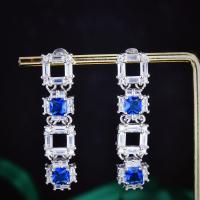 Pendientes de Gota en Latón, metal, Cuadrado, chapado en color de platina, Joyería & para mujer & con diamantes de imitación, azul, libre de níquel, plomo & cadmio, 10x40mm, Vendido por Par