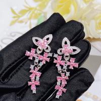 Pendientes de Gota en Latón, metal, Flor, chapado en color de platina, Joyería & para mujer & con diamantes de imitación, Rosado, libre de níquel, plomo & cadmio, 18x43mm, Vendido por Par