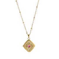 Acier titane collier, avec 2inch chaînes de rallonge, Losange, Plaqué or 18K, bijoux de mode & pour femme & avec strass & creux, 17x18x2mm, Longueur Environ 15.7 pouce, Vendu par PC