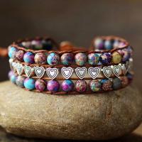 Gemstone Bracciali, diaspro impressione, with cavo di cuoio & ottone, Cuore, placcato, Regolabile & gioielli di moda & multistrato & unisex, nessuno, Lunghezza Appross. 18-22 cm, Venduto da PC