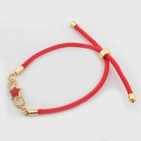 Bracelets en laiton, avec corde en nylon, couleur de haute qualité d'or plaqué, Longueur réglable & bijoux de mode & pavé de micro zircon, protéger l'environnement, sans nickel, plomb et cadmium, 9x25x1.5mm, Longueur Environ 11.5 cm, Vendu par PC