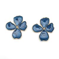 Zinklegering oorknoppen, Zinc Alloy, Bloem, gold plated, mode sieraden & voor vrouw & glazuur, blauw, 40x45mm, Verkocht door pair