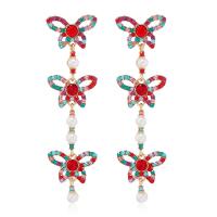 Boucles d'oreilles en alliage de zinc, avec perle de plastique, papillon, Placage de couleur d'or, bijoux de mode & pour femme & avec strass, rouge, 22x82mm, Vendu par paire