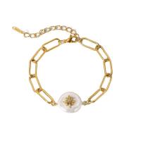 304 roestvrij staal Armband, met Zoetwater Parel, met 2inch extender keten, Acht Point Star, gold plated, voor vrouw & met strass, 17x7.50x1.60mm, Lengte Ca 7.5 inch, Verkocht door PC