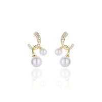 925 Sterling Sølv Drop Earring, med Shell Pearl, forgyldt, mode smykker & Micro Pave cubic zirconia & for kvinde, flere farver til valg, 11.4x22.5mm, 5-7.5mm, Solgt af par