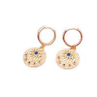 Boucles d'oreilles en laiton zircon cubique pavent, Rond, Plaqué d'or 14K, bijoux de mode & motif de mauvais œil & pavé de micro zircon & pour femme, multicolore, 35x15mm, Vendu par paire