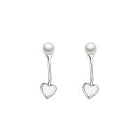 Argent sterling 925 Dessin animé Split boucle d'oreille, avec Shell Pearl, coeur, Plaqué de platine, pour femme & émail, 5.4x5mm, Vendu par paire