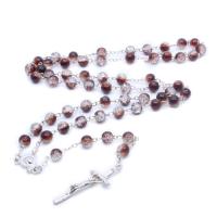 Rosary karoliai, Stikliniai karoliukai, su Cinko lydinys, Kirsti, sidabro spalva padengtas, Bižuterijos & unisex & Pearlized, kavos spalvos, 8mm,18x50mm,20x15mm, Ilgis Apytiksliai 80 cm, Pardavė PC