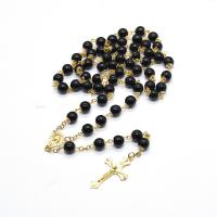 Rosary Necklace Glass Beads with Plastic Box & Zinc Alloy Cross gold color plated fashion jewelry & Unisex black 8mm Length Approx 50 cm Sold By PC