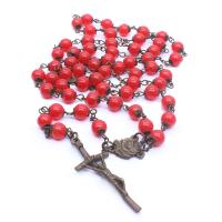 Rosenkranz Kette, Glasperlen, mit Zinklegierung, Kreuz, antike Kupferfarbe plattiert, Modeschmuck & unisex, rot, 20x50mm,12x15mm, Länge ca. 88 cm, verkauft von PC