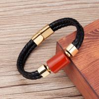 PU Leather Cord Bracelets 316 Stainless Steel with leather cord & Glass handmade fashion jewelry & Unisex nickel lead & cadmium free Length Approx 21 cm Sold By PC