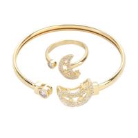 Set de Joyería de Latón, brazalete del pun & anillo de dedo, metal, Luna, chapado en oro real, micro arcilla de zirconia cúbica & para mujer, dorado, 6.0CMuff0c1.8CM, Vendido por Set