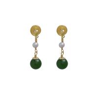 metal Pendiente Clip, con Hetian Jade & Perlas cultivadas de agua dulce, chapado en color dorado, Joyería & para mujer, libre de níquel, plomo & cadmio, 28x9mm, Vendido por Par