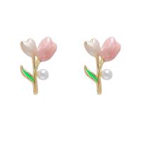 laiton Clip boucle d’oreille, avec perle de plastique, Tulip, Placage de couleur d'or, bijoux de mode & pour femme & émail, protéger l'environnement, sans nickel, plomb et cadmium, 16x12mm, Vendu par paire