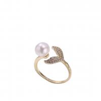 Sötvatten Pearl Finger Ring, Mässing, med Freshwater Pearl, 14K guldpläterad, Justerbar & mode smycken & micro bana cubic zirconia & för kvinna, fler färger för val, 7-8mm, Säljs av PC